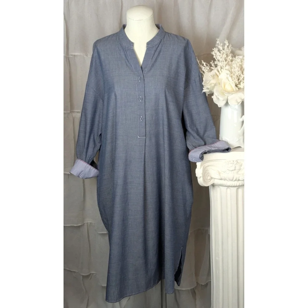 Mer sea Blue Chambray Essential Shirt Dress Minimalist Coastal Beach L/XL - Picture 5 of 12